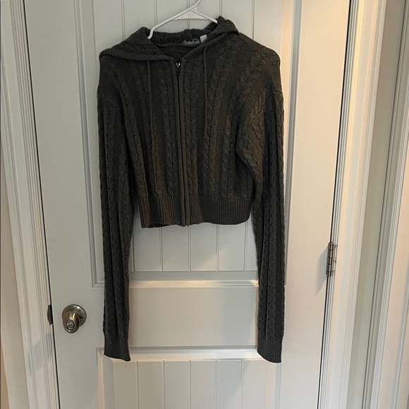 REVOLVE Sweaters - Dark gray cable knit zip up cropped sweater